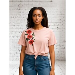 H&M Floral Embroidered Tie-Front Crop‎ Top Casual T-Shirt Medium